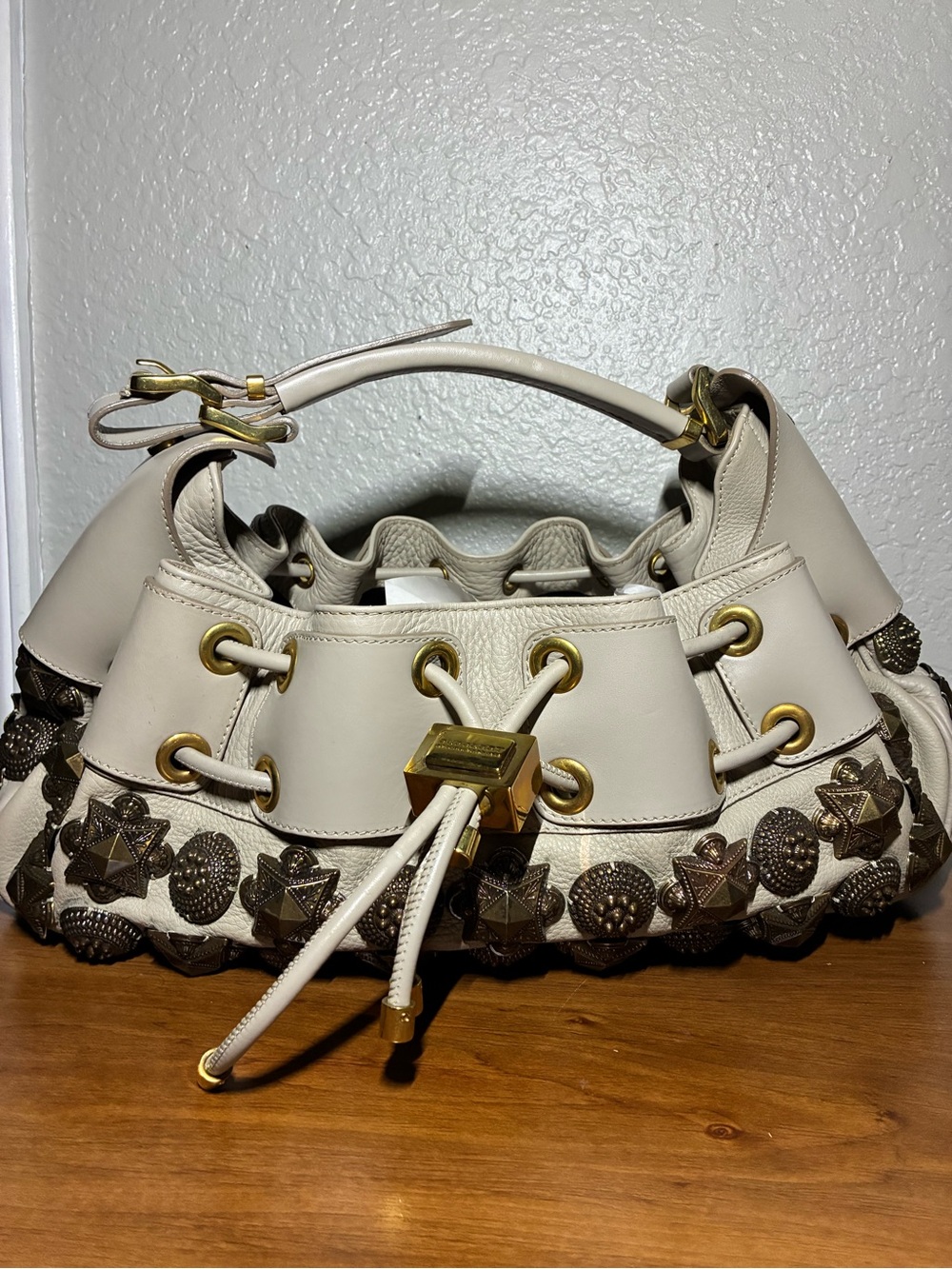 Burberry Cream Leather Drawstring Hobo with Bronze Studs